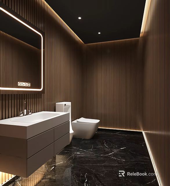 Modern Public Restroom With Striped Walls Illuminated Mirror And Marble Floor 3d model 