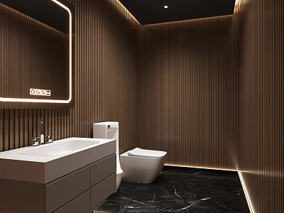 Modern Public Restroom With Striped Walls Illuminated Mirror And Marble Floor 3d model