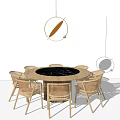 Round Dining Table Set with Black Marble Top and Woven Rattan Chairs Featuring Pendant Light