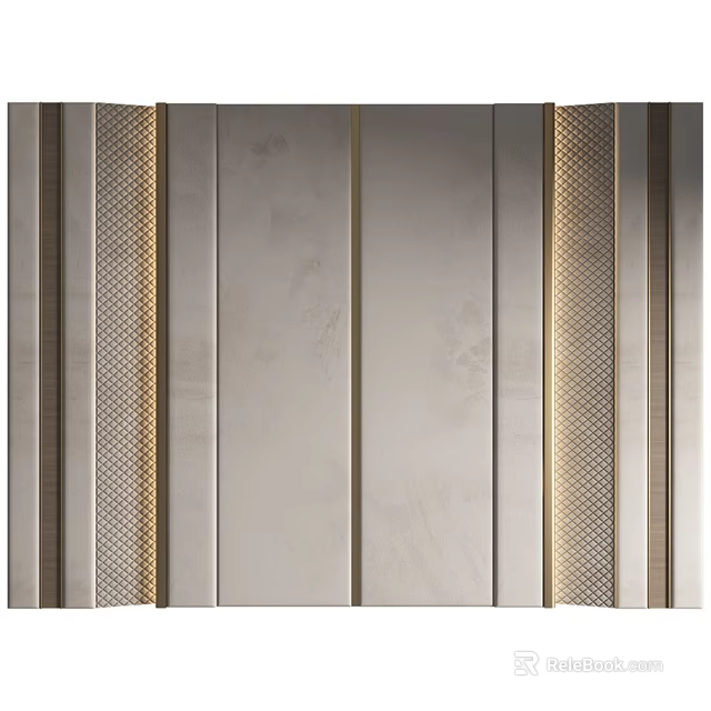 Modern Elegant Bedroom Accent Wall With Beige Textured Panels And Gold Grid Accents 3d model 