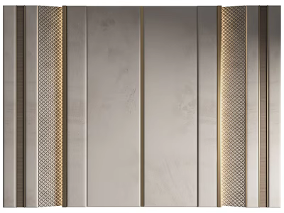 Modern Elegant Bedroom Accent Wall With Beige Textured Panels And Gold Grid Accents 3d model