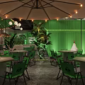 Tropical Modern Restaurant Interior Featuring Green Chairs Tables Moon Lights Thatched Umbrellas Indoor Plants
