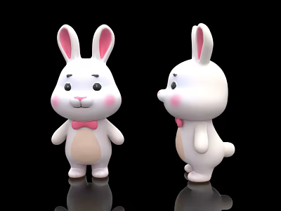 Cute Cartoon Inflatable Rabbit with White Color Pink Ears and Bow Tie Front Side Views 3d model