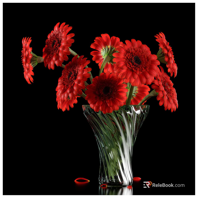 Beautiful Red Gerbera Daisies Arranged in Transparent Glass Vase Against Black Background 3d model 