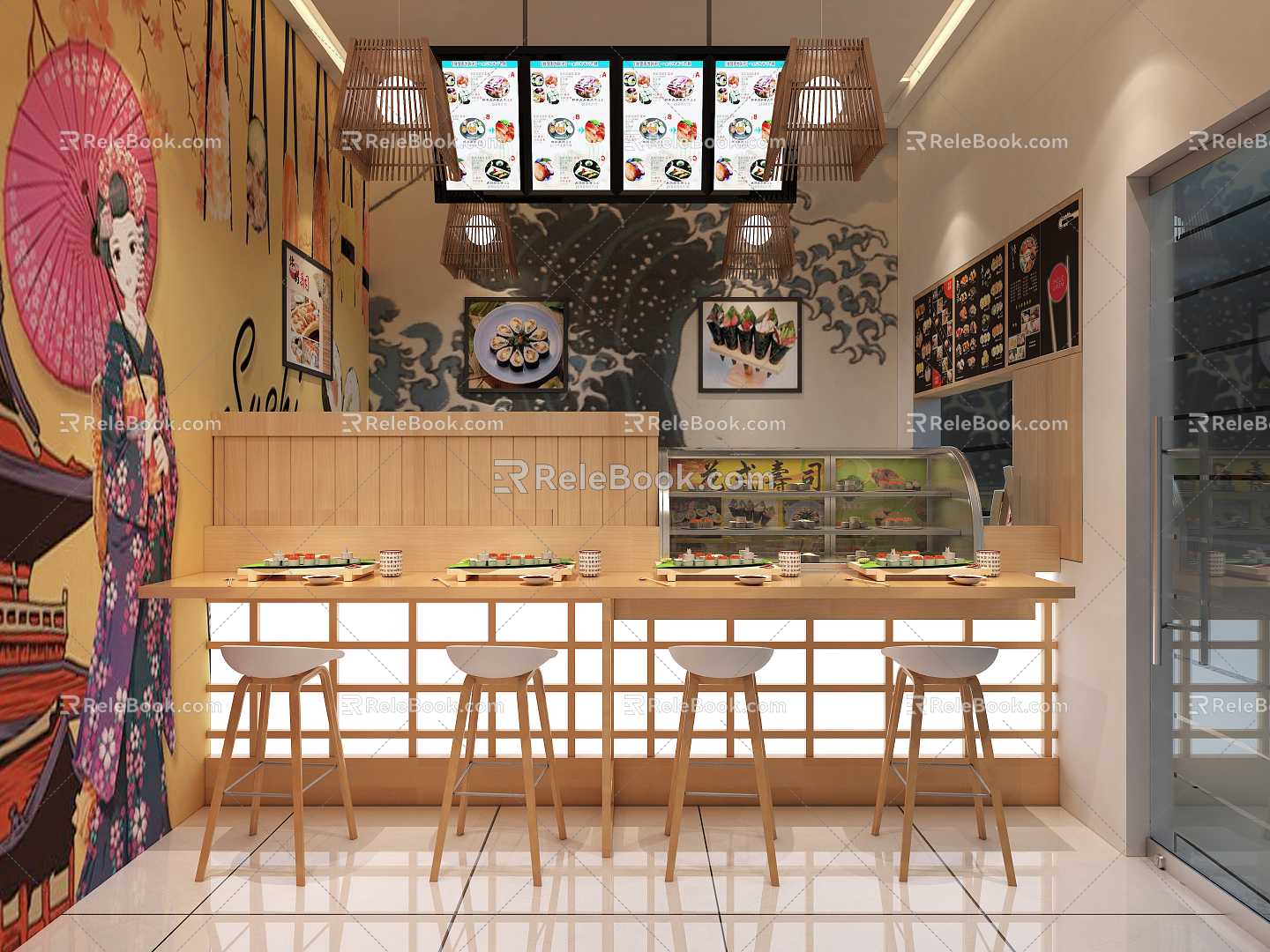 Japanese style sushi restaurant sushi restaurant street snack bar curtain water brand bar outdoor view door head 3d model