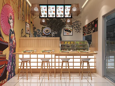 Japanese Restaurant Interior With Japanese-style Decor Sushi Bar Counter Menu Screens Open Layout Wooden Elements 3d model