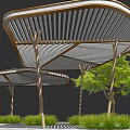 Modern Outdoor Pergola With Metal Frame Lattice Roof And Garden Greenery Red Foliage Stone Pavement