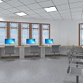 Bright Spacious School Classroom With Desks Chairs Blackboard Screen Windows And Ceiling Lights