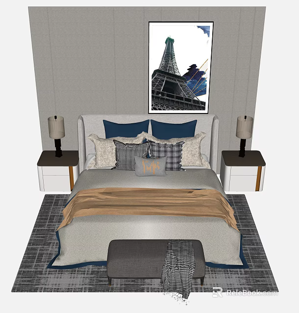 Background Double Bed with Nightstands Table Lamps Pillows and Eiffel Tower Painting 3d model