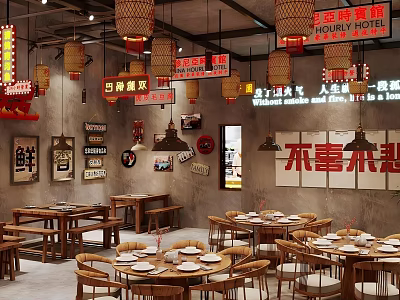 Traditional Chinese Style Hotpot Restaurant with Red Lanterns Wooden Tables and Wall Decorations 3d model