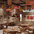 Traditional Chinese Style Hotpot Restaurant with Red Lanterns Wooden Tables and Wall Decorations