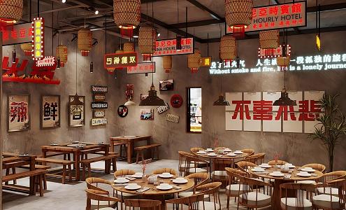 Industrial Style Barbecue Restaurant Hot Pot Restaurant Dining Table and Chair Wall Decoration Neon Lantern 3d model