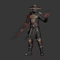 Ninja Warrior In Black Red Clothing Wearing Straw Hat And Fiery Mythical Creature Aura