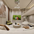 Modern Minimalist Living Room Interior With Round Rug Sofa Green Armchair And Pendant Lighting Artwork