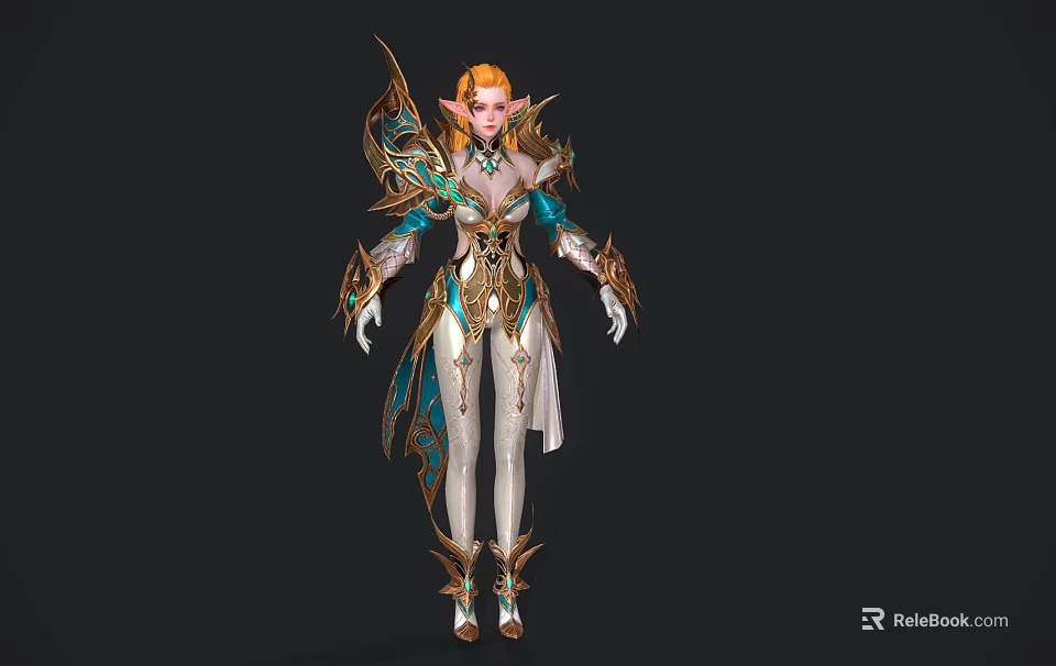 Elegant Fantasy Elf Character With Blonde Hair White Leggings And Ornate Green Gold Outfit 3d model 
