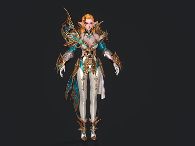Elegant Fantasy Elf Character With Blonde Hair White Leggings And Ornate Green Gold Outfit 3d model