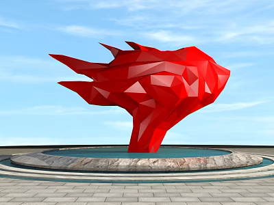 Road Facilities Featuring Red Polyhedral Sculpture And Circular Water Pool On Paved Ground 3d model