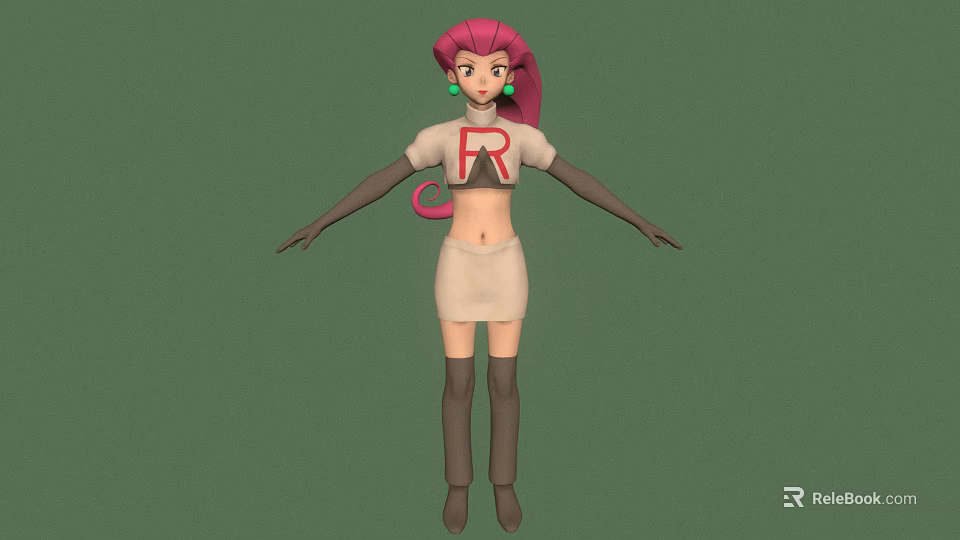 Pink Haired Character in White Top R White Skirt Black Gloves Brown Boots Green Background 3d model 