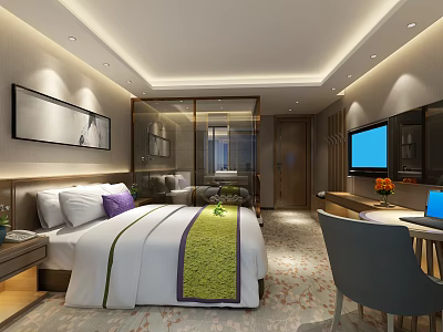 Modern Hotel Room Interior With Comfortable Bed TV Desk And Decorative Elements 3d model