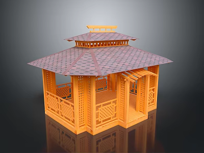 Orange Traditional Pavilion Model With Multi Layered Roof And Carved Railings 3d model
