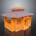 Orange Traditional Pavilion Model With Multi Layered Roof And Carved Railings