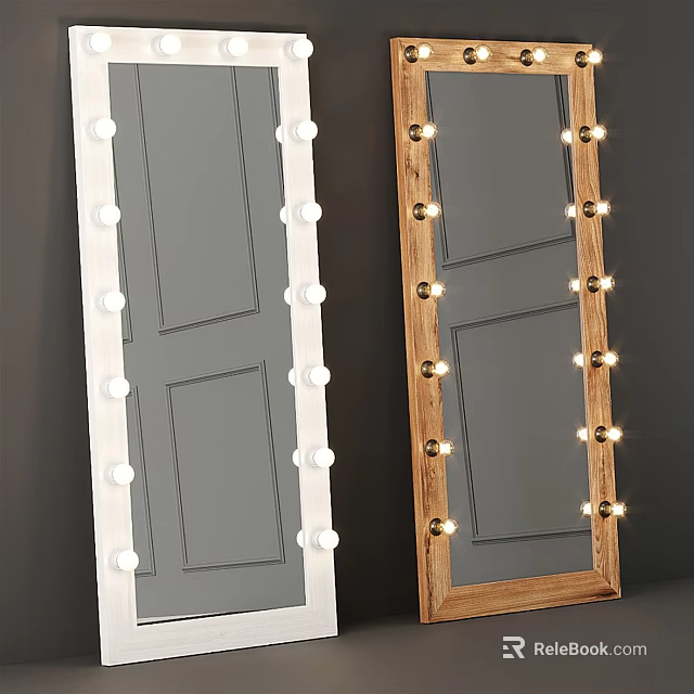 Elegant Decorative Mirrors With White And Wooden Frames Surrounding Light Bulbs 3d model 