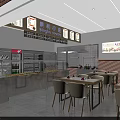 Burghe Snacks Restaurant With Open Counter Area Tables Red Napkins Menu Posters And Refrigerated Displays