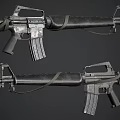 Dual Angle View Of Modern Military Rifle With Detachable Magazine And Ergonomic Grip Design