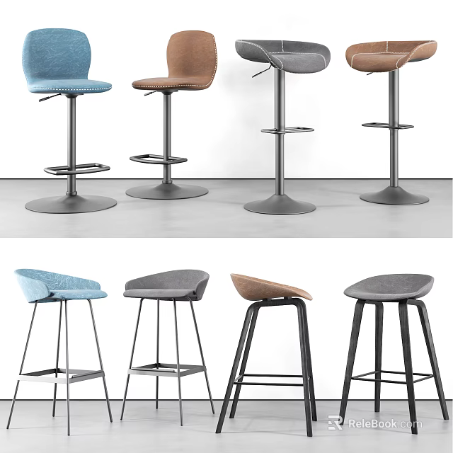 Modern Bar Stools In Blue Brown Gray With Upholstered Seats And Metal Bases Design 3d model 