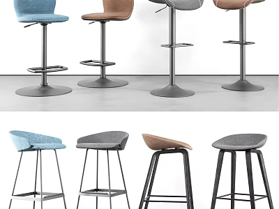 Modern Bar Stools In Blue Brown Gray With Upholstered Seats And Metal Bases Design 3d model