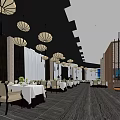 Modern Restaurant Lobby Interior With Chandeliers Reception Desk And Patterned Rug