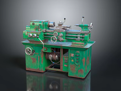 Vintage Green Lathe Machine With Metal Components Control Dials And Base 3d model
