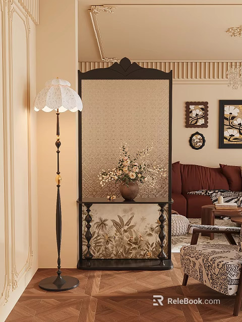 Decorative Partition With Floral Vase Floor Lamp Sofa And Wall Art In Living Room 3d model 