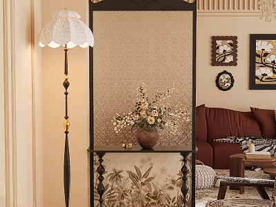 Decorative Partition With Floral Vase Floor Lamp Sofa And Wall Art In Living Room 3d model