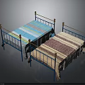Two Beds Featuring Blue Metal Frames Golden Feet And Different Patterned Sheets 3d model