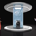 Modern Washing Machine Display with Transparent Column Bubble Decorations and People Observing on Circular Stand 3d model