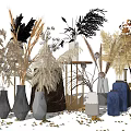 Various Decorative Vases With Pampas Grass Cotton Stems And Dried Flowers Arrangement