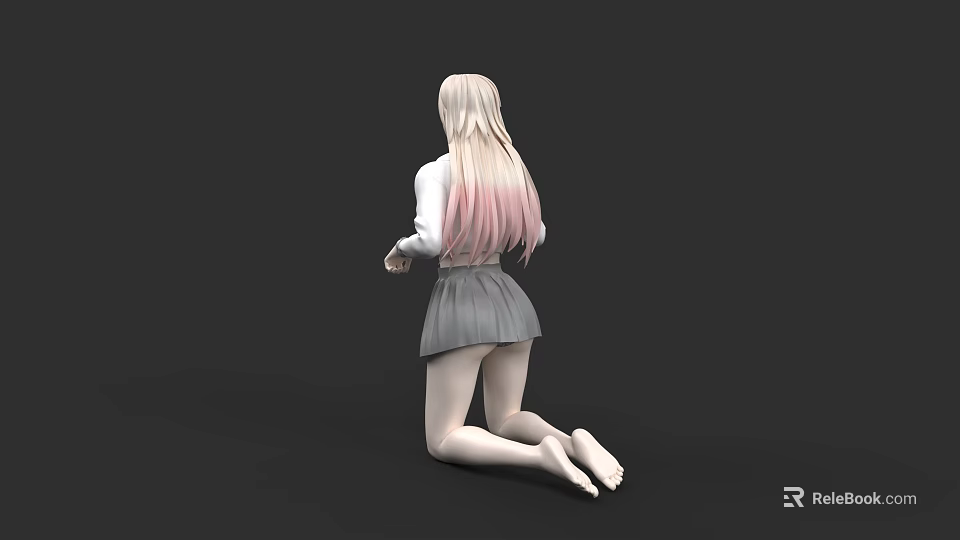 Character Kneeling From Behind With Blonde Hair Pink Gradient White Top Gray Skirt And Barefoot 3d model 