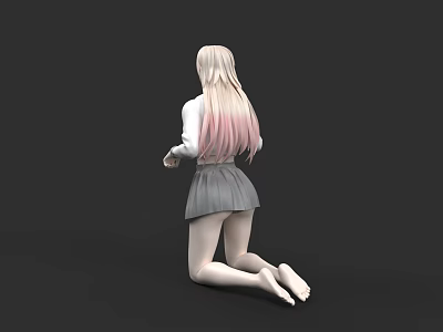 Character Kneeling From Behind With Blonde Hair Pink Gradient White Top Gray Skirt And Barefoot 3d model