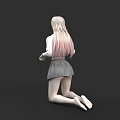 Character Kneeling From Behind With Blonde Hair Pink Gradient White Top Gray Skirt And Barefoot