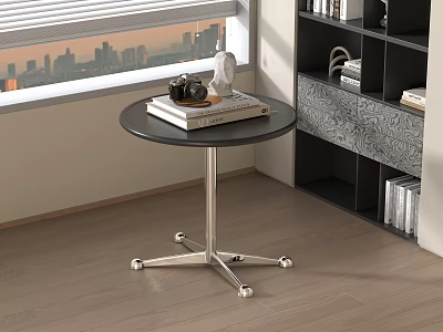 Round Black Top Side Table with Silver Metal Base Wheels and Decorative Items Near Bookshelf 3d model