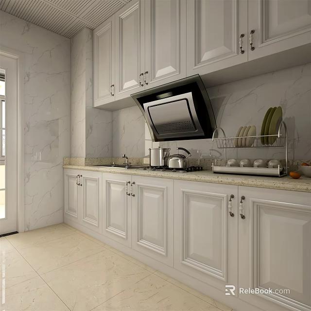 Modern Kitchen Interior With White Cabinets Countertop Range Hood And Dish Rack 3d model