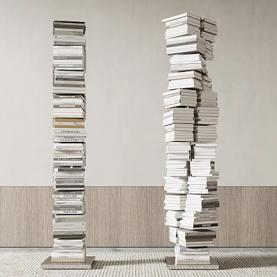 Stacked Books Forming Modern Bookcase Against Light Colored Wall And Wooden Floor 3d model