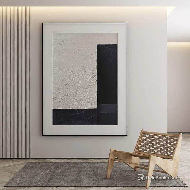 Abstract Black And White Art Painting Hanging On Wall With Wooden Chair 3d model 