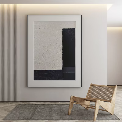 Abstract Black And White Art Painting Hanging On Wall With Wooden Chair 3d model