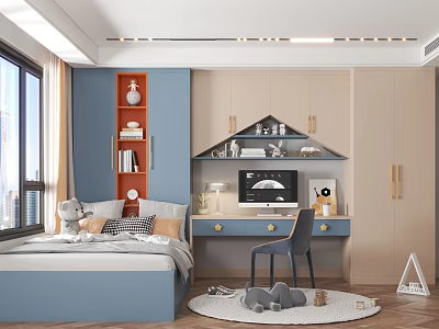 Tatami Bedroom Interior Design With Blue Bed Window Bookshelf Desk Computer Chair Rug And Decorations 3d model