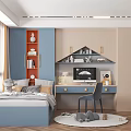 Tatami Bedroom Interior Design With Blue Bed Window Bookshelf Desk Computer Chair Rug And Decorations