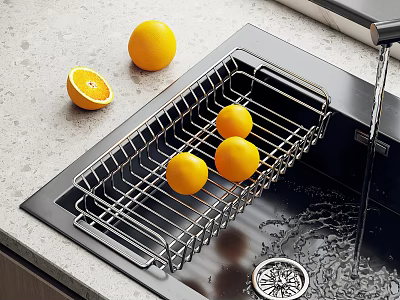 Stainless Steel Dish Rack On Kitchen Sink With Fresh Oranges And Countertop 3d model