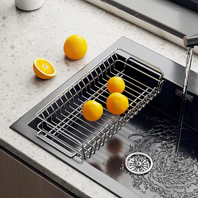 Stainless Steel Dish Rack On Kitchen Sink With Fresh Oranges And Countertop 3d model