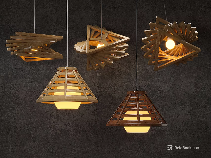Wooden Geometric Shape Chandeliers With Warm Light Hanging In Modern Interior 3d model 